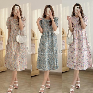 Váy hoa nhí babydoll dáng dài tay bồng có dây buộc eo ulzzang đầm hoa chất thô mát xinh xắn