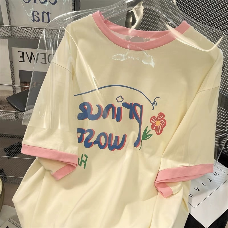 Áo Thun Dáng Rộng Màu Sắc Tương Phản Dễ Phối Đồ Thời Trang Mùa Hè Phong Cách Hàn Quốc Cho Nữ