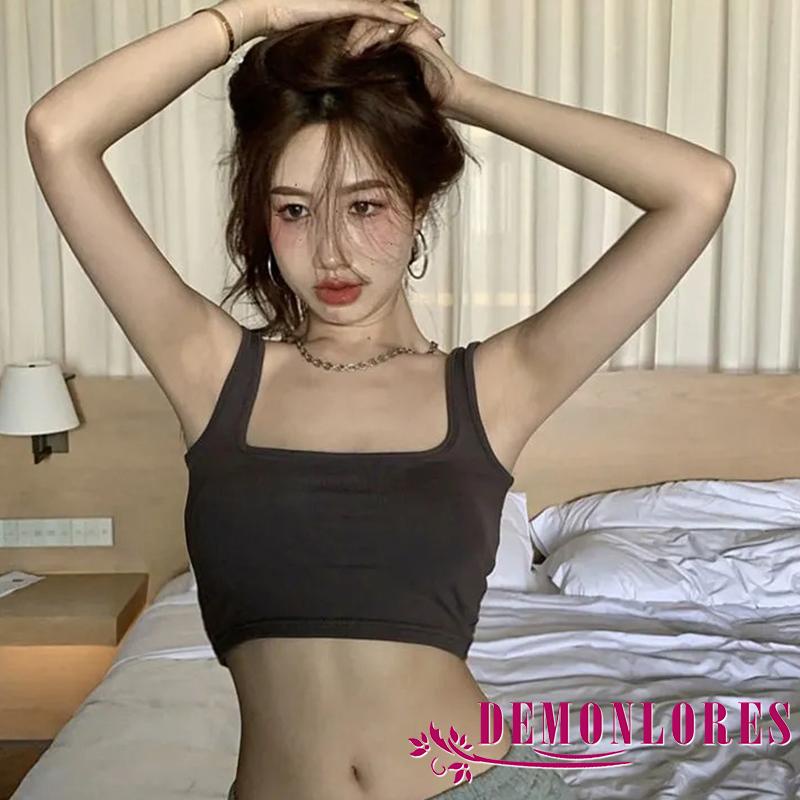 DEMQ-Women Workout  Adults Casual Slim-fit Solid Color Square Collar Korean Style Crop Tops