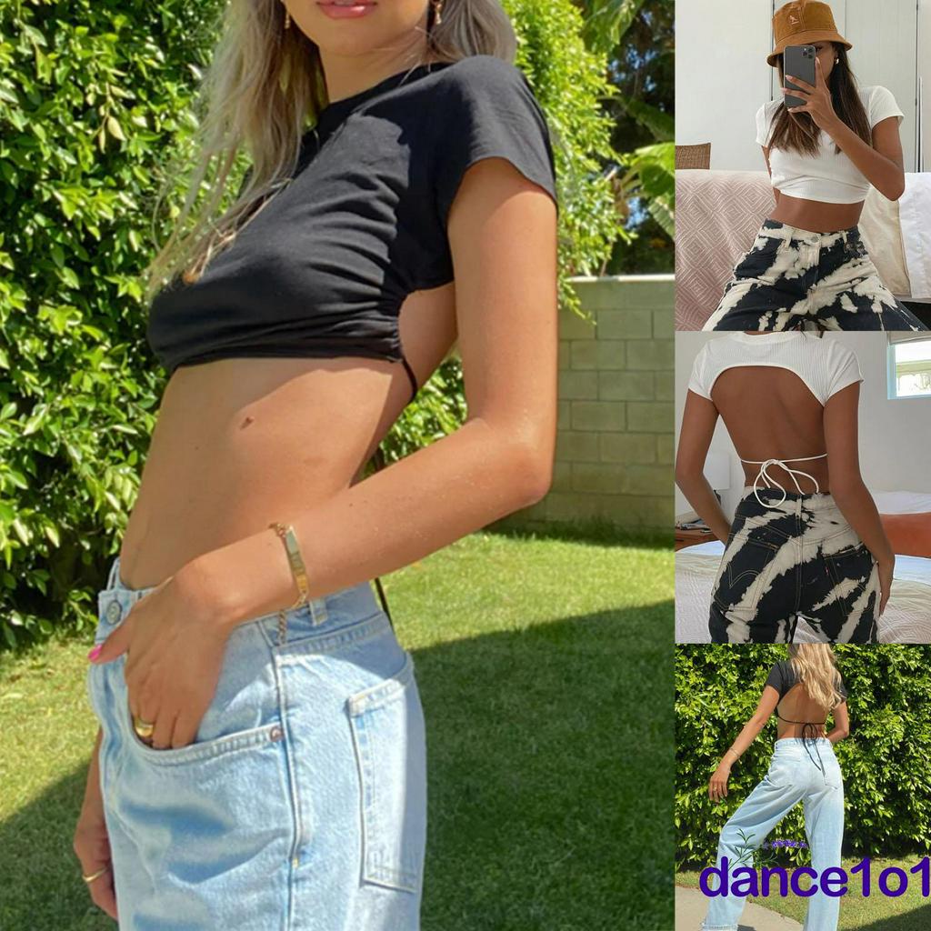 Áo Crop Top Tay Ngắn Màu Trơn Thắt Nơ Sau Lưng 5 Màu Lựa Chọn