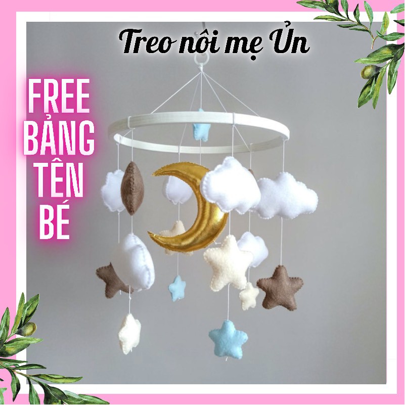 Đồ chơi treo nôi cũi kích thích thị giác cho bé sơ sinh, treo nôi đen trắng tự xoay phát nhạc mẫu TRĂNG VÀNG SAO XANHXÁM