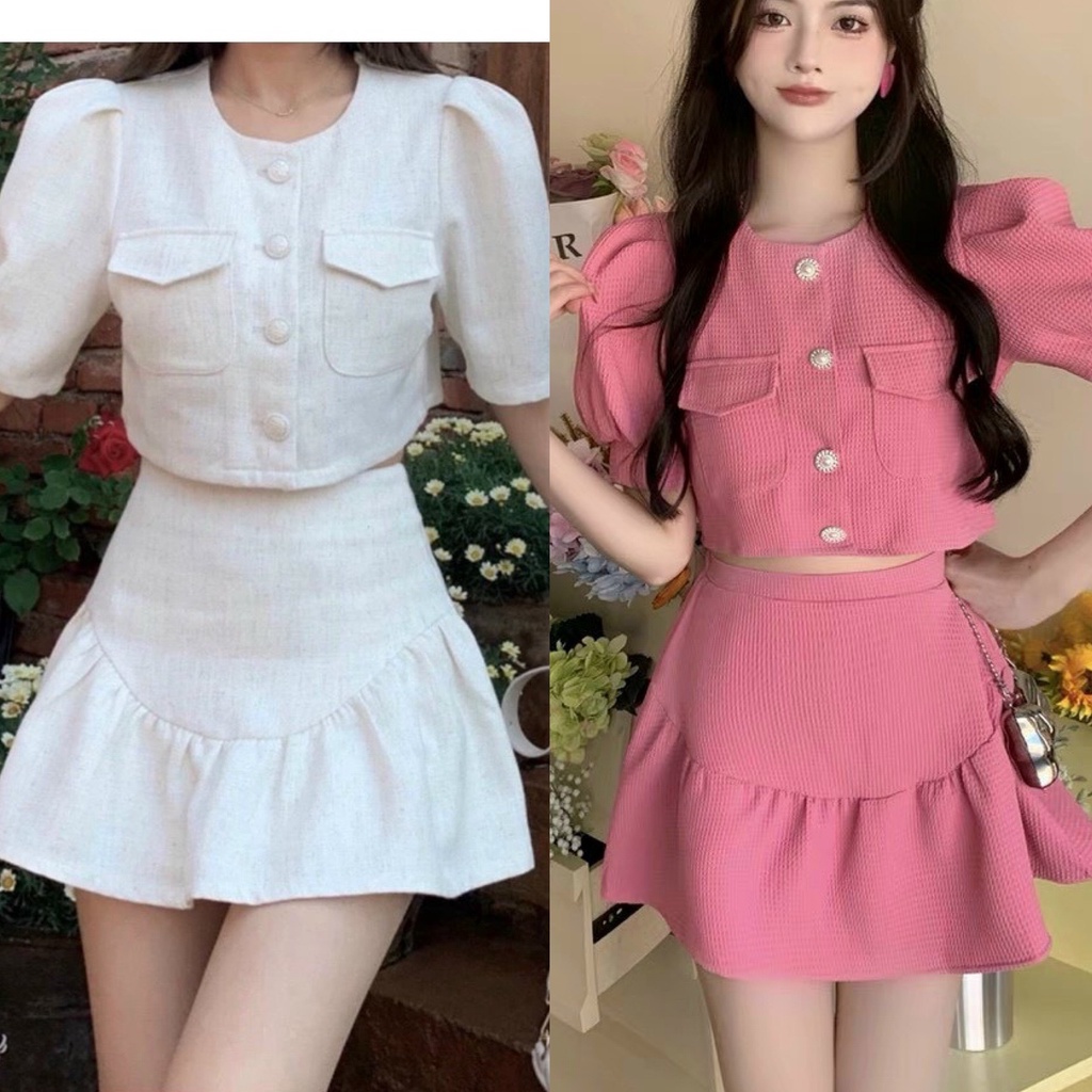 Set croptop trắng bố túi nắp+chân váy 💖 KÈM ẢNH THẬT