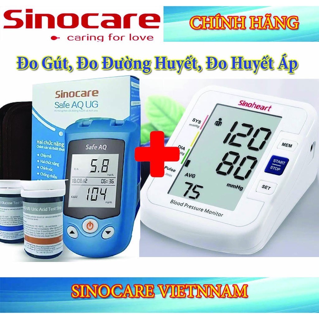 Combo Máy Đo Gút,Đường Huyết 2 Trong 1 Safe AQ UG Và Máy Đo Huyết Áp Bắp Tay Chính Hãng Sinocare