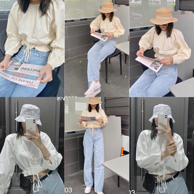 Áo Kiểu MANGA TOP style chuẩn Korea thiết kế tay dài eo thắt dây eo chất vải Kate xô hàng nhập form chuẩn dễ mix