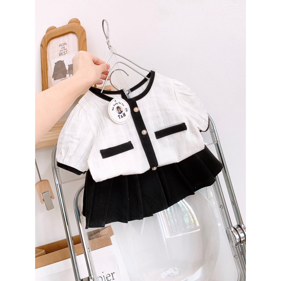 Đồ bộ bé gái, Set áo chui đầu ngắn tay đũi sọc tay bồng cúc ngọc và chân váy A xếp ly kaki xịn sò (có quần), SUN KID'S