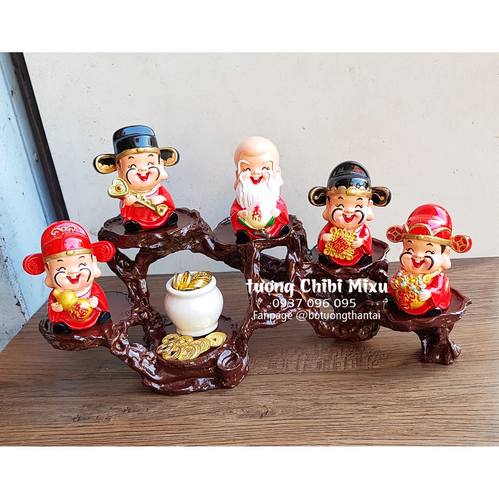 Bộ tượng Ngũ Phúc Lâm Môn 7cm kèm chân đế ngang 6 ô và chum vàng may mắn