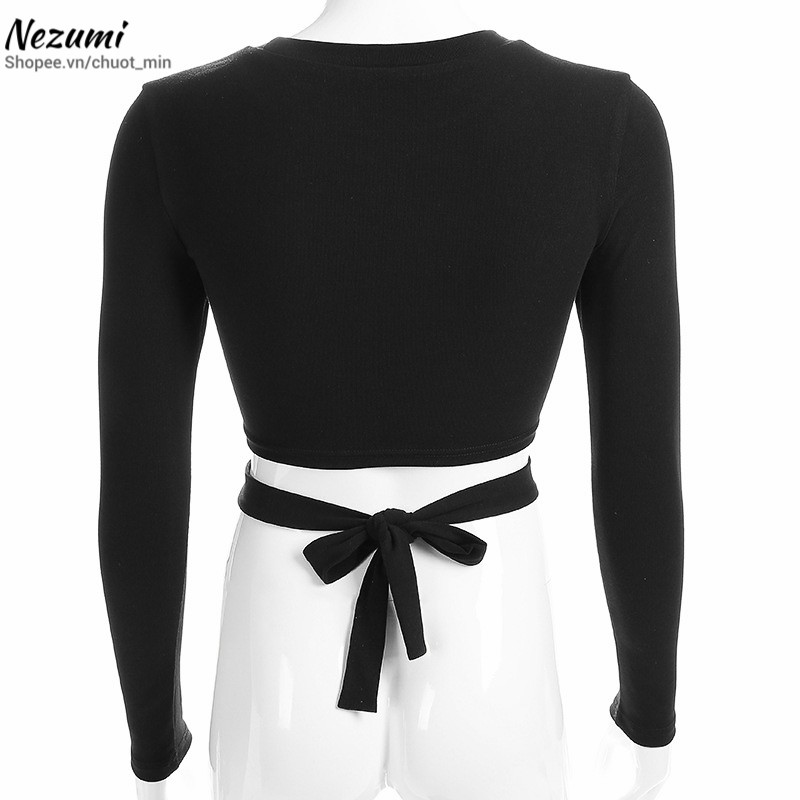 Áo croptop dài tay phong cách châu Âu hở ngực dây quấn chéo bụng, tập gym, dance