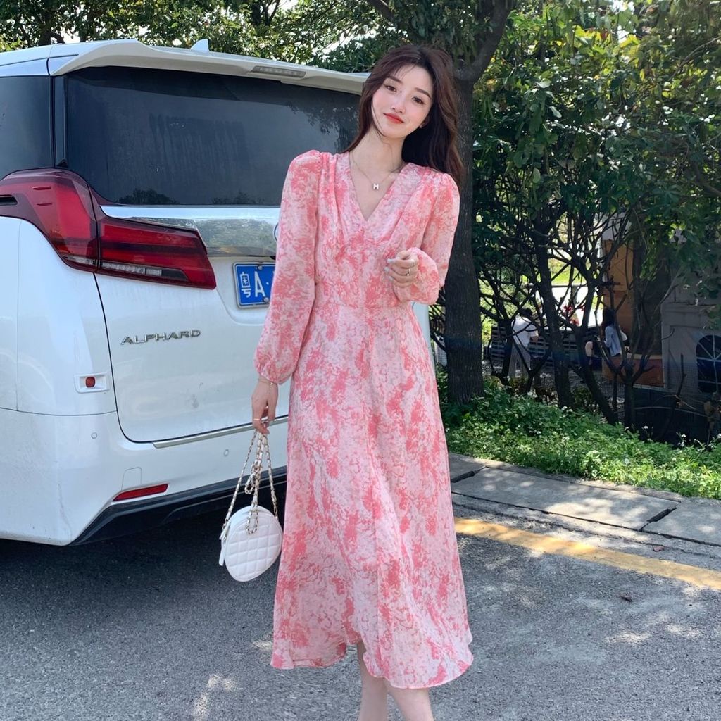 Đầm chiffon Ôm Eo In Họa Tiết Hoa Anh Đào Thanh Lịch