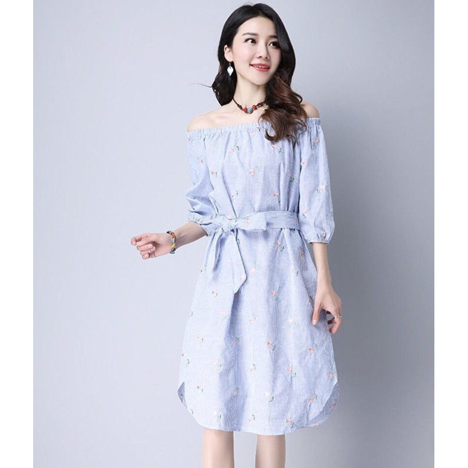 ĐẦM TRỄ VAI SỌC XANH TAY LỠ