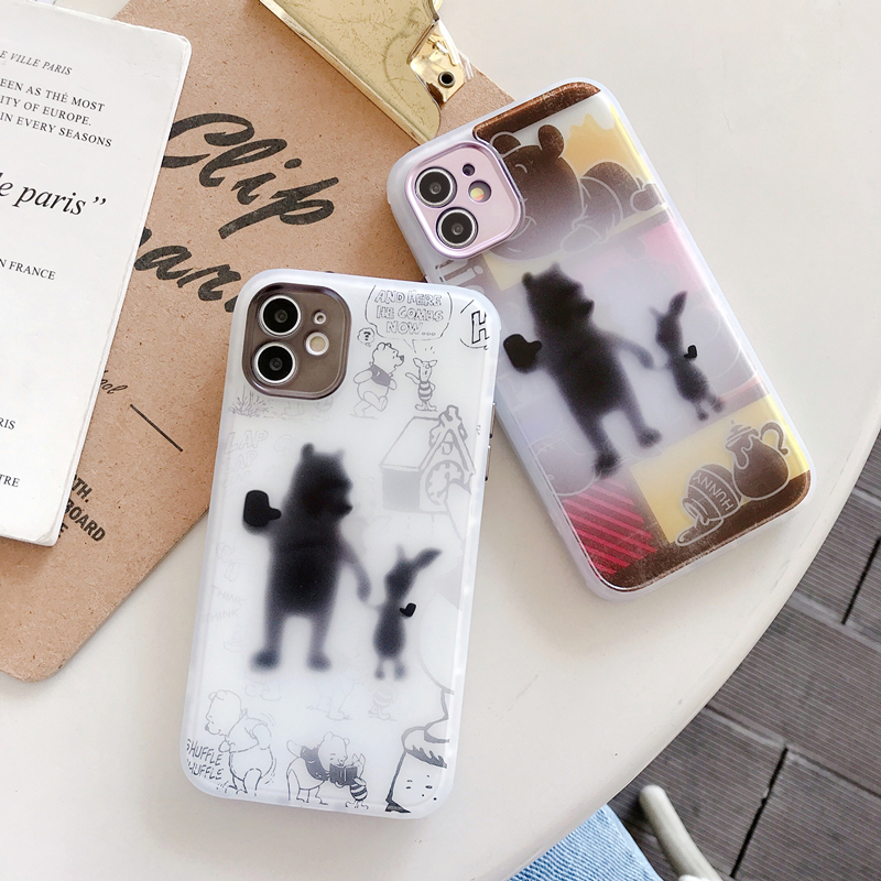 Cute Pooh Bear's Back View Metal Plating Square IPhone Case Iphone 11 Pro 11Pro MAX 8 7 Plus X XS Max XR 12 Artistic Graceful Bird Anti-Drop Casing Matte Soft Silicone Cover