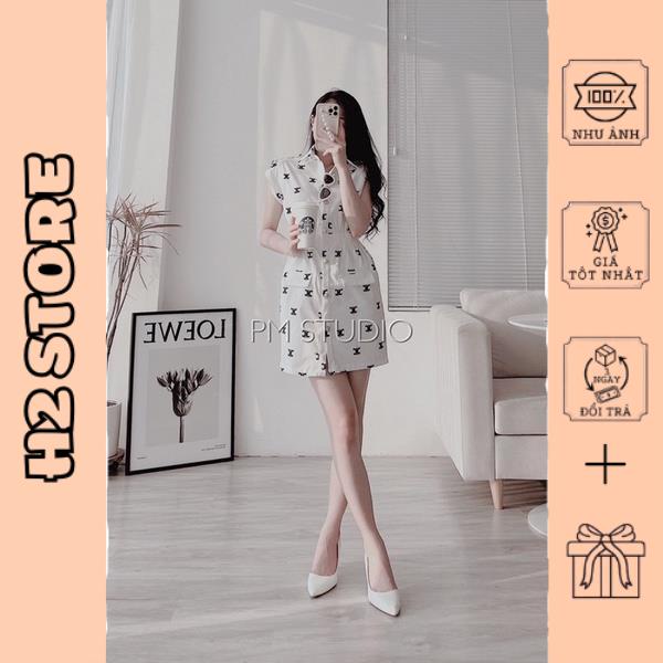 Váy hoạ tiết cúc vai  tay vạt chun eo cổ sơ mi