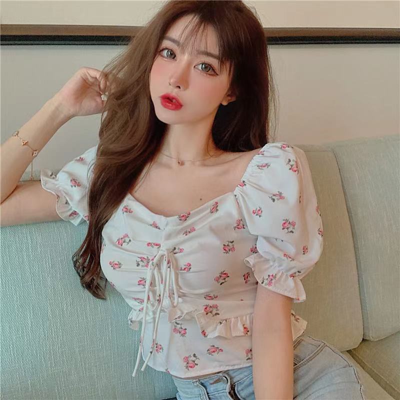 【Timi】Áo crop top  Mới Phong Cách Hàn Quốc Clavicle Tether Puff Tay