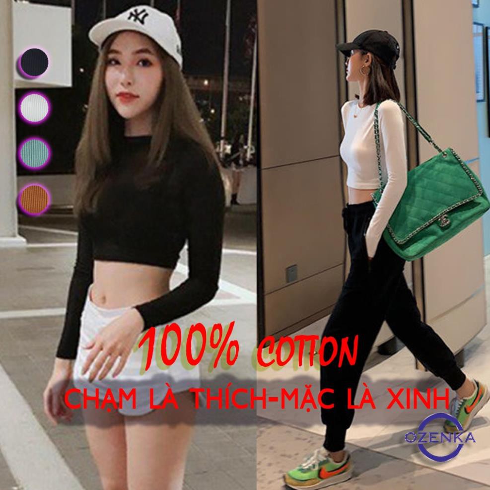 Áo croptop tay dài ôm nữ đen trắng thun gân OZENKA , áo thun crt body 100% cotton free size 40 đến 53 kg CRT 263 ་