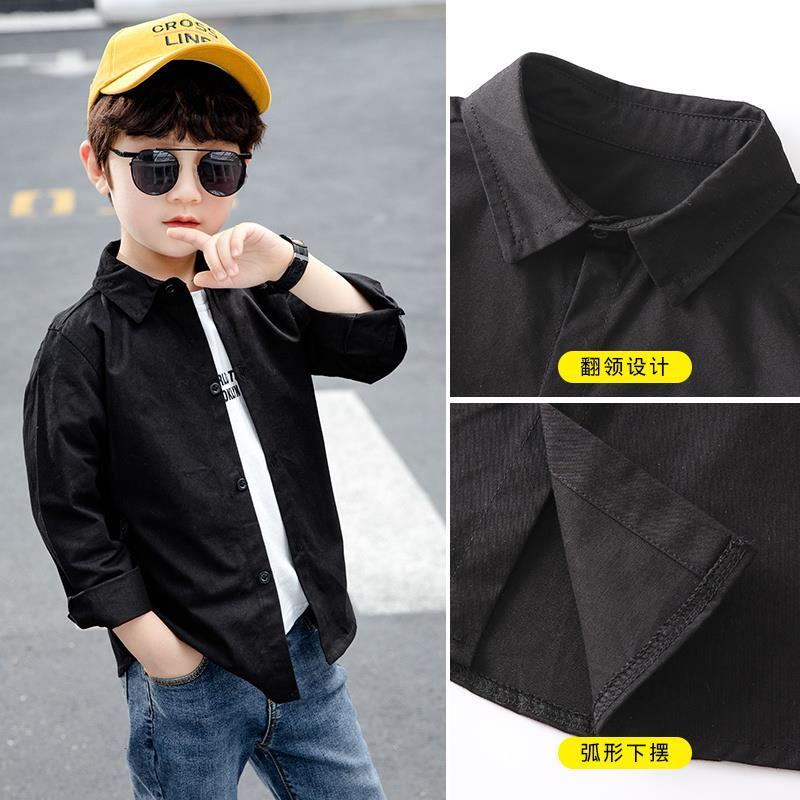 Áo Sơ Mi Cotton Màu Đen Trơn Tay Dài Cỡ Vừa Thời Trang Xuân Thu Cho Bé Trai