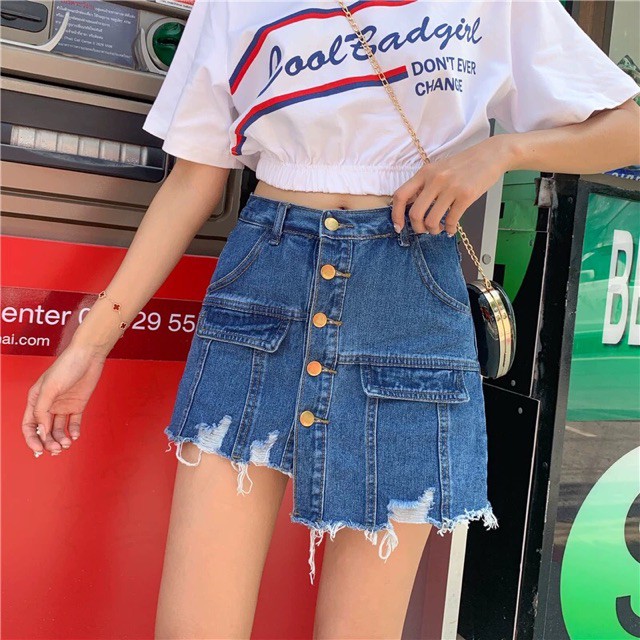 (Order 7-12 ngày) có bigsize Quần giả váy jeans gấu tua rua lệch phối cúc dọc 2019