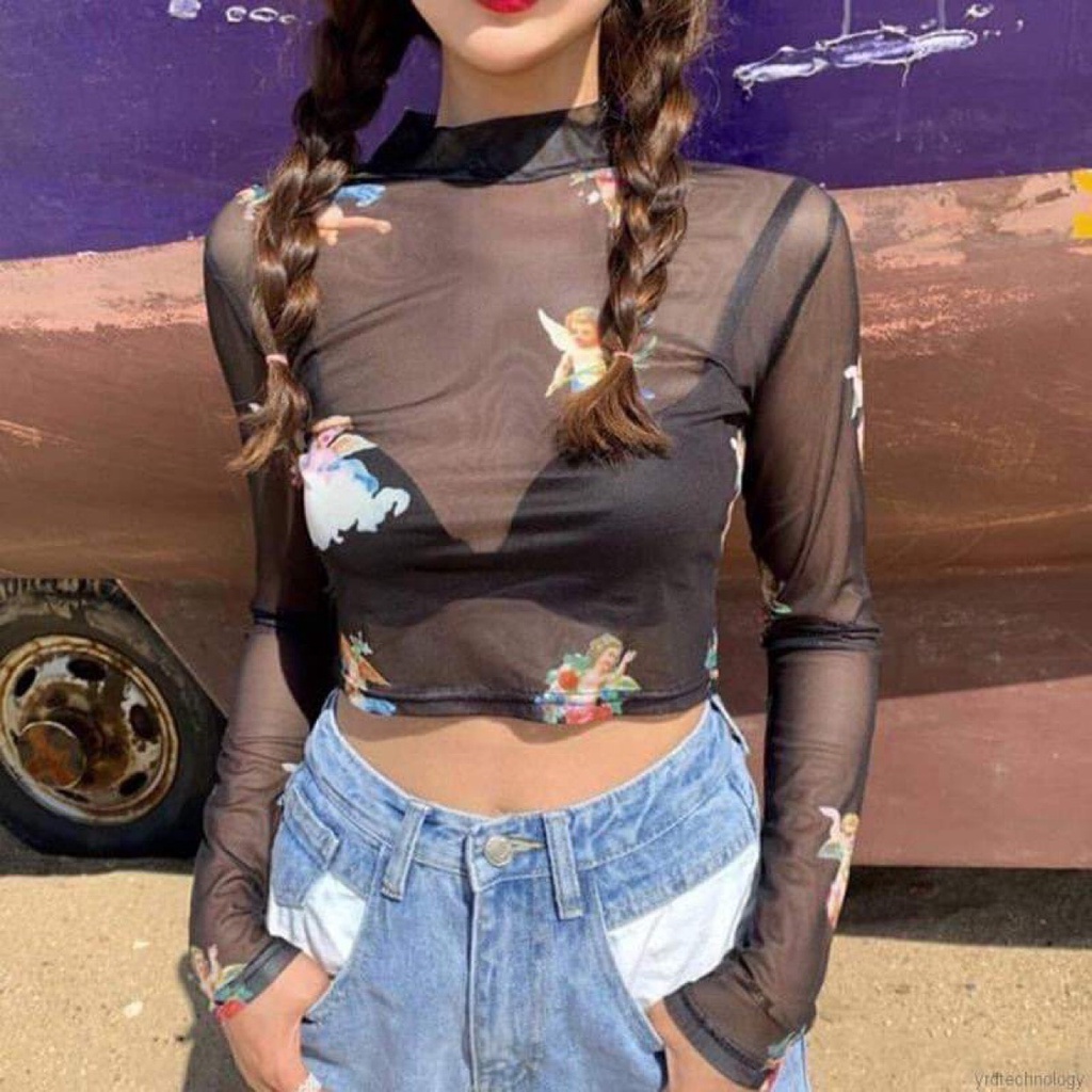 Áo croptop tay dài cổ lọ, chất lưới xuyên thấu in hình thiên thần sang chảnh và sexy