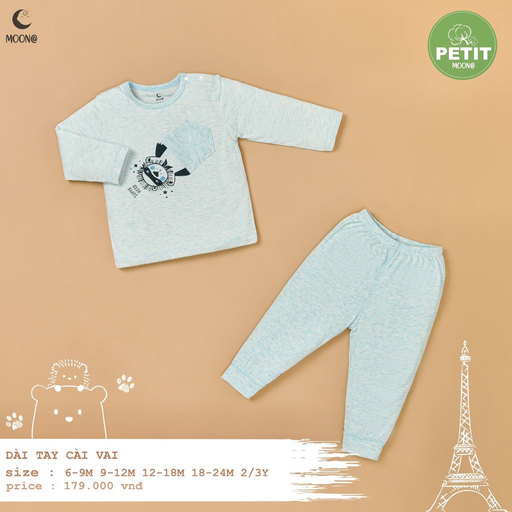 Bộ dài tay cài vai petit mềm mại họa tiết động vật trẻ em Moon