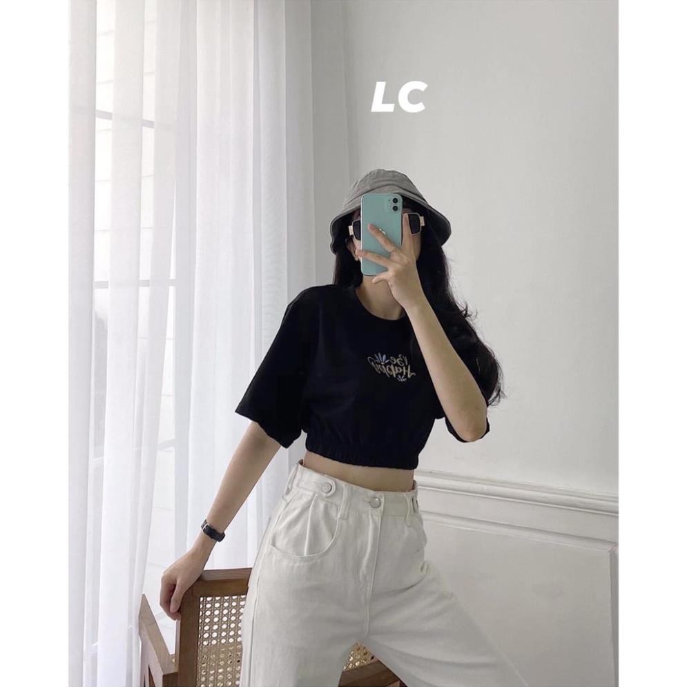 Áo Croptop Thêu Bo Chun PEONYB Nữ [FREESHIP] 🌸 Thun body cộc tay dáng ôm, phông form ngắn cổ tròn màu đen Ulzzang 🌸 ་