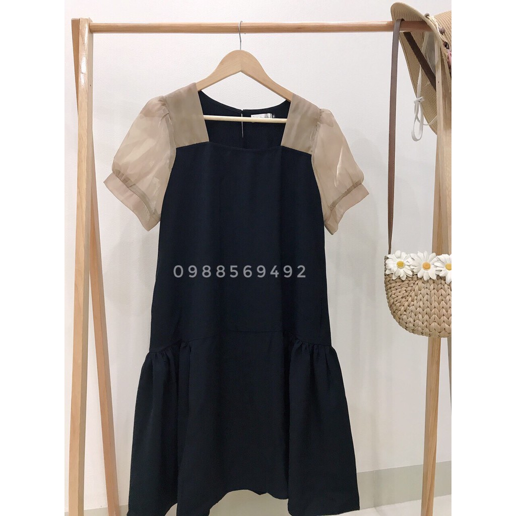 Váy bầu bigsize -Đầm bầu thiết kế GuMe màu Đen Cổ Vuông dáng suông Phối Be Organra nâu sang chảnh size từ 40-100kg MB233
