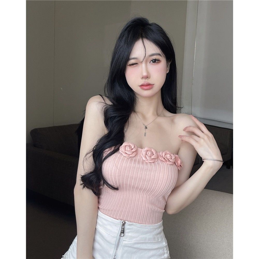 Three-dimensional rose pollen brassiere blouse women wear summer 2022 new style self-cultivation French sweet and spicy short breast wrapping style