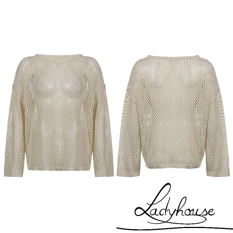 Áo Dệt Kim Tay Dài Cổ Tròn Dáng Rộng Thiết Kế Khoét Lỗ Thời Trang Cho Nữ