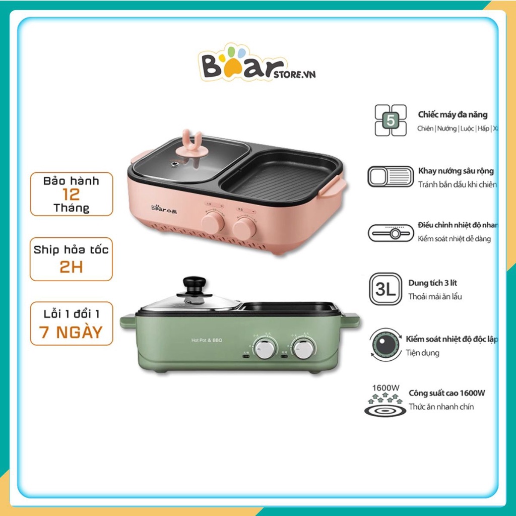 Bếp Lẩu Nướng Bear đa năng, lẩu nướng 2 ngăn 2 in1 - Công suất 1600W - Chính Hãng Bear - Bảo hành 12 tháng t03