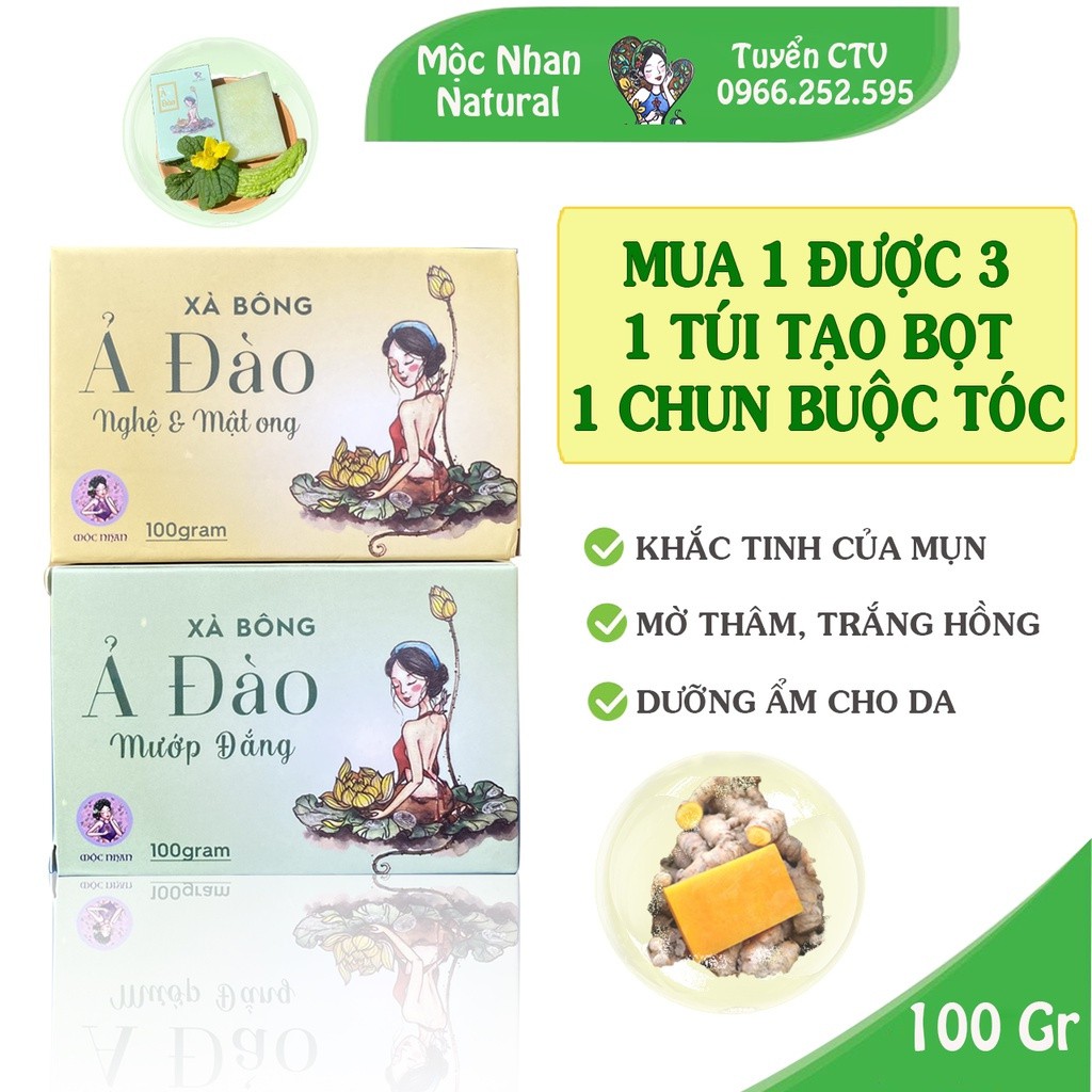 Xà bông nghệ Mộc Nhan Natural - Xà bông mướp đắng dưỡng trắng da, mờ thâm sạm, cấp ẩm cho da