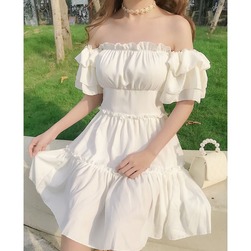 Đầm nữ trễ vai 3 tầng dự tiệc, viền bèo trễ vai,váy nữ dáng đẹp Hàn Quốc | BigBuy360 - bigbuy360.vn