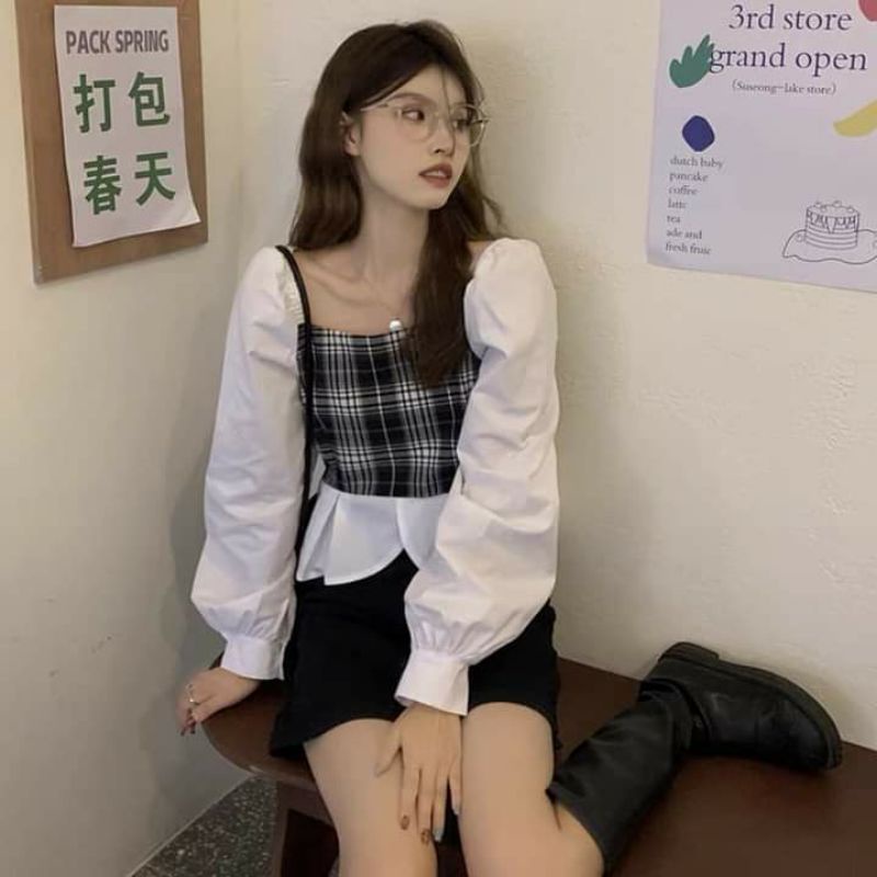 Áo kiểu cổ vuông tay bồng phong cách Ullzang 🍥