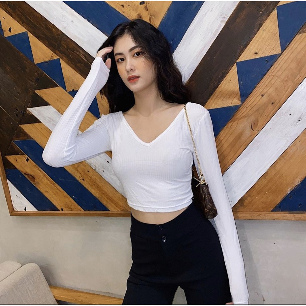 Áo croptop nữ tay dài HHVINTAGE kiểu cổ tim thun co giãn Top A41