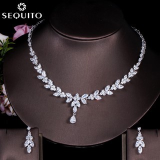 SEQUITO Brilliant Zircon Kim Cương Pha Lê Trang Phục Tiệc Vòng Cổ Bông Tai Bộ Cưới Cô Dâu Trang Sức Phụ Kiện Bộ JS025