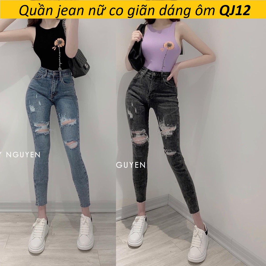 Quần jean nữ rách gối dáng ôm QJ12 NoBrandDenim