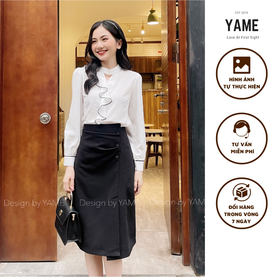 Chân váy đen chân váy dài công sở nhún bụng cách điệu V5