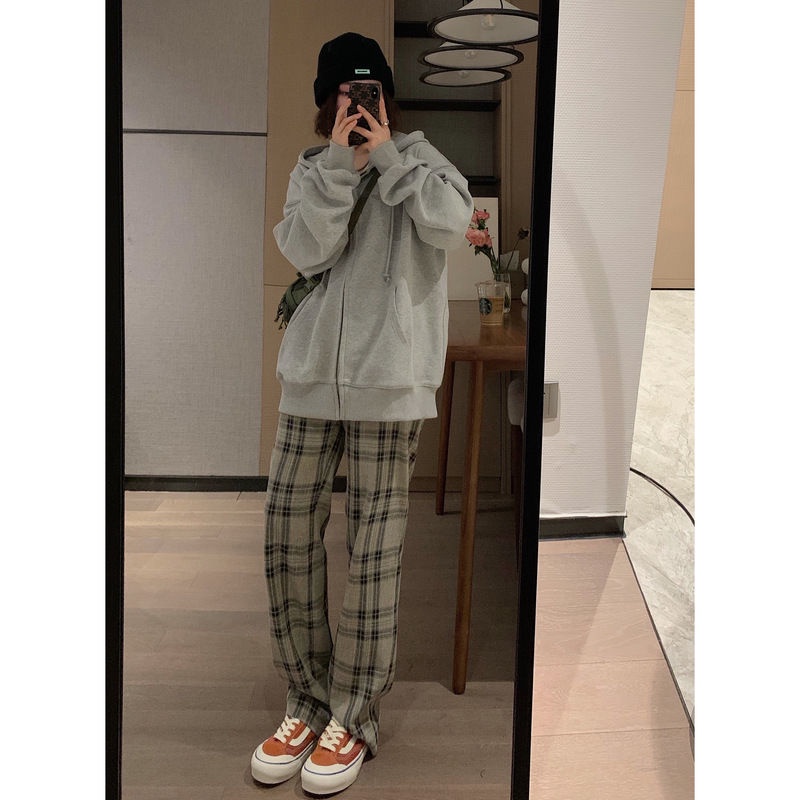 Quần dài ống rộng lưng cao họa tiết caro chất lượng cao