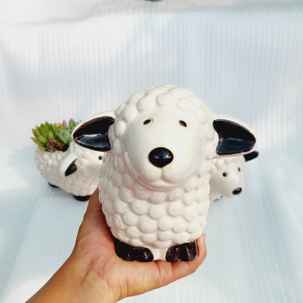 Chậu men, Chậu sen đá - Chú cừu mĩm cười, miệng chậu (dọc 10cm, ngang 9cm), chiều cao 11cm và 17cm