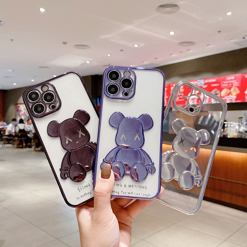 Ốp điện thoại trong suốt mạ viền in hình gấu 3D nổi cho iPhone 13  12  11 X XS 8 7 Plus PRO / MAX