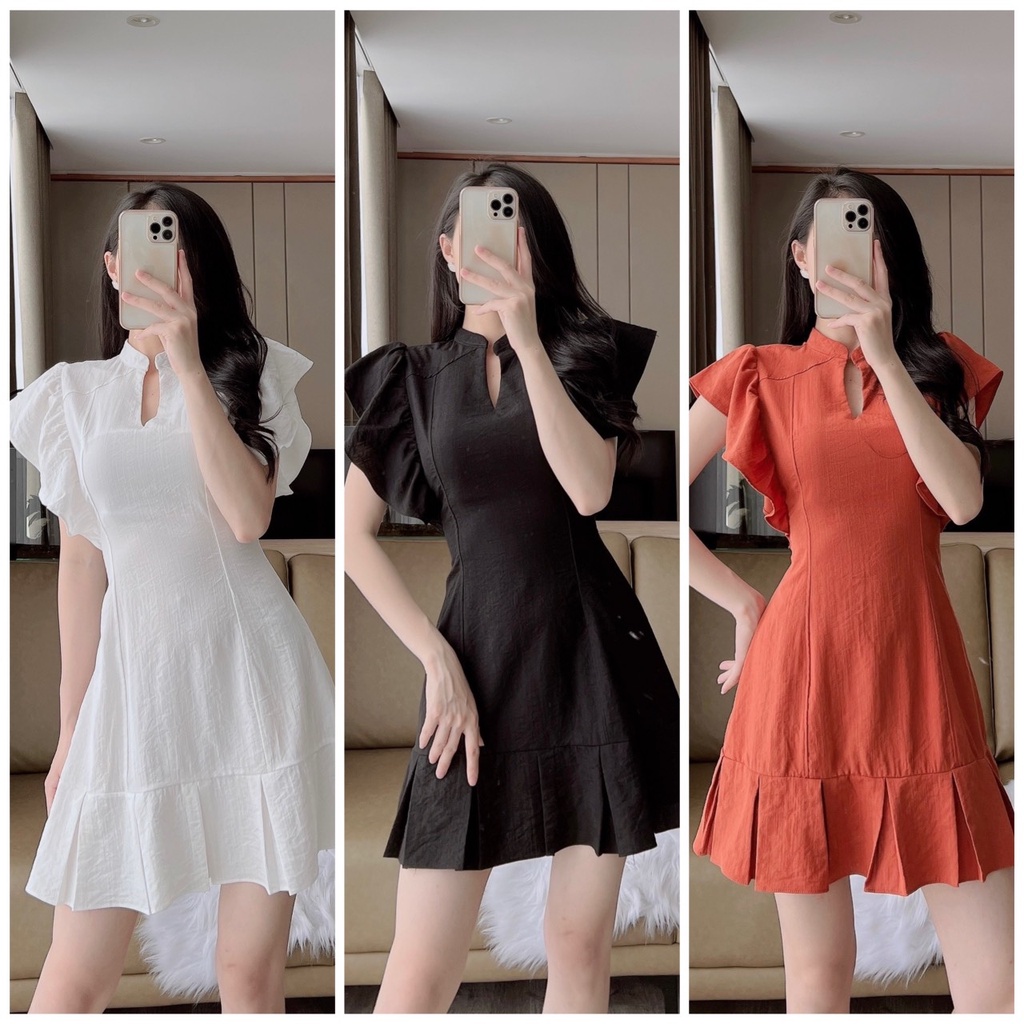 ✨BÁN SỈ✨Đầm tay bèo xếp ly chân 3 màu cam,trắng,đen chất đũi Thái