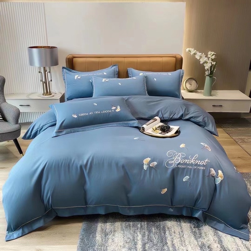 Bộ Chăn Ga Gối Cotton Line Thêu Hoa Rẻ Quạt full 3 màu