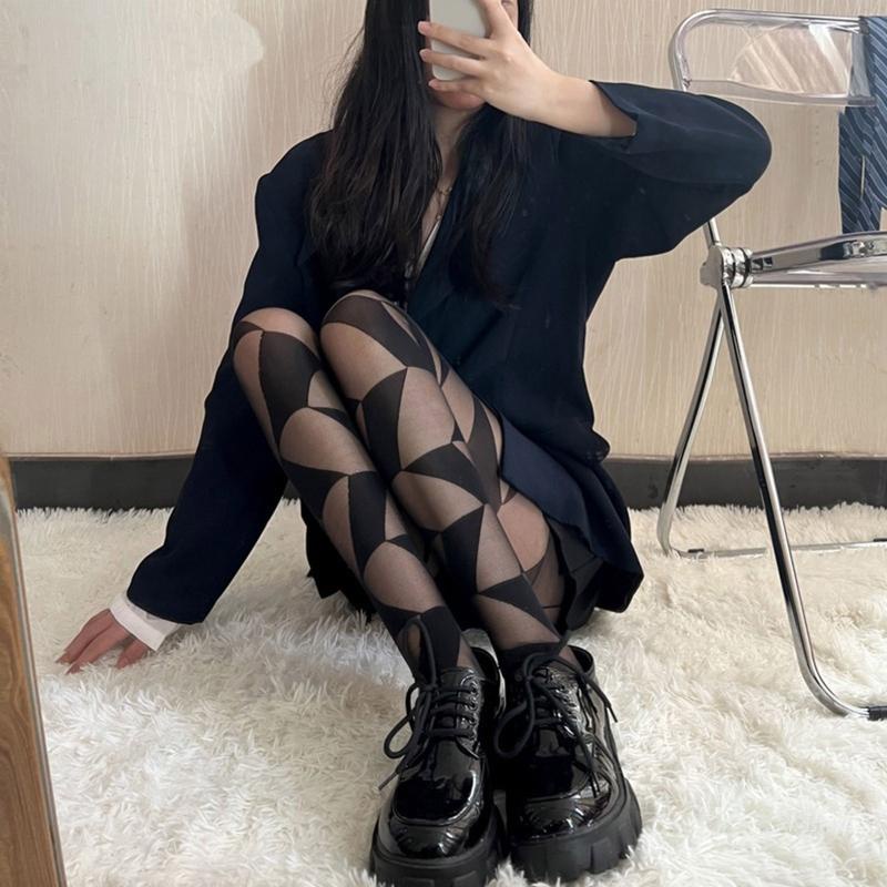 Xixi Quần Tất Mỏng Xuyên Thấu Họa Tiết Hình Học Kim Cương Bất Đối Xứng Harajuku Gợi Cảm Cho Nữ B