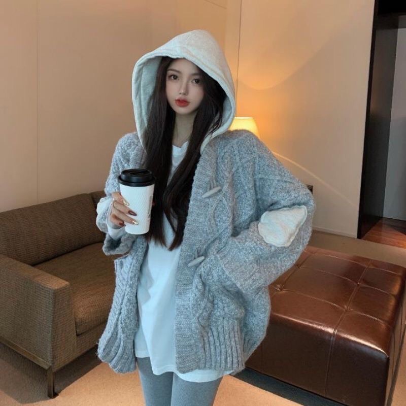 ÁO CARDIGAN LEN CÓ MŨ TRƠN XÁM PHONG CÁCH HÀN QUỐC