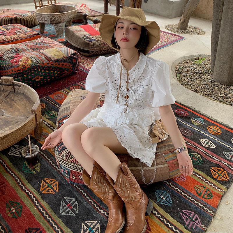 He Sui Giày Bốt Cao Bồi Gót Dày Thêu Họa Tiết Cổ Điển Phương Tây