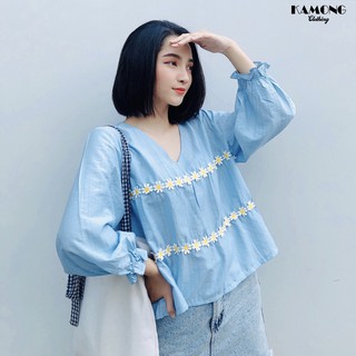 Áo babydoll cổ tim ren hoa kamong a042