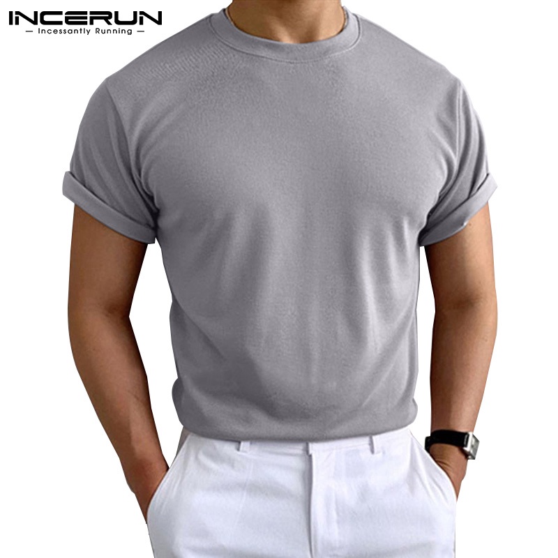 Áo nam INCERUN ngắn tay cổ tròn màu sắc đơn giản 4 màu lựa chọn