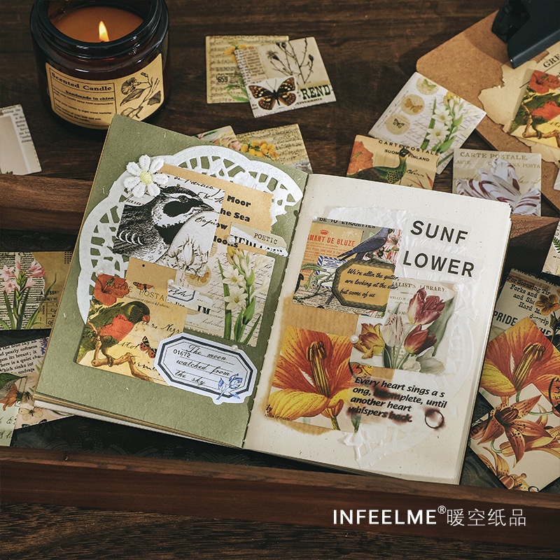 Hộp 46 Nhãn dán sticker Hoạ tiết hoa nâu Vintage trang trí sổ tay bullet journal M588