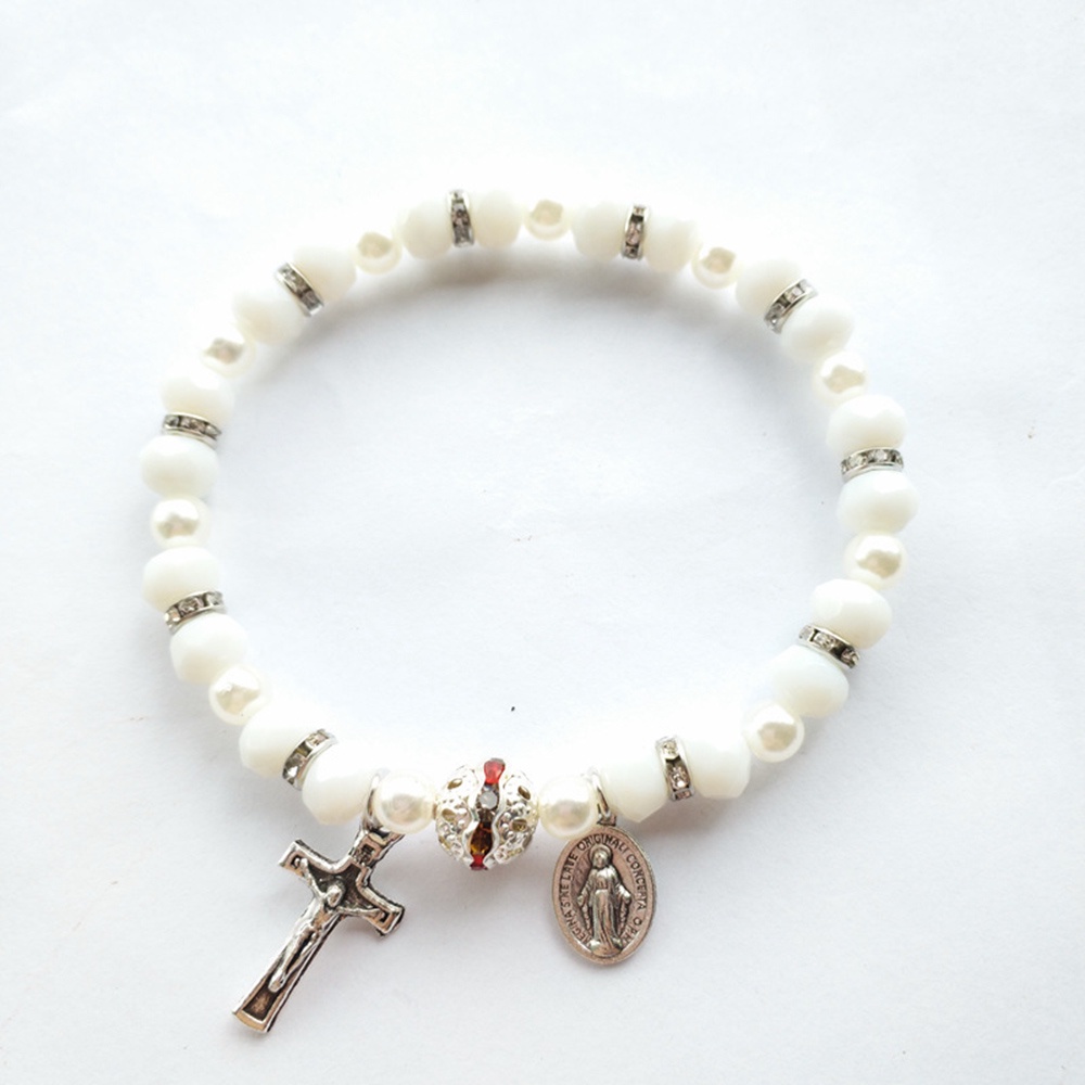 Vòng Tay Chuỗi Hạt Ngọc Trai Nhân Tạo Màu Xanh Dương Thánh Giá Đức Mẹ Mary Miraculous Medal Crucifix Charms