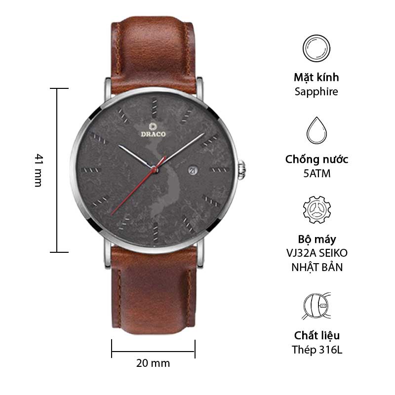 Đồng hồ nam Draco D22-ST03 &quot;Vietnamese Boy&quot; TRẮNG DÂY DA NÂU- thời trang nam