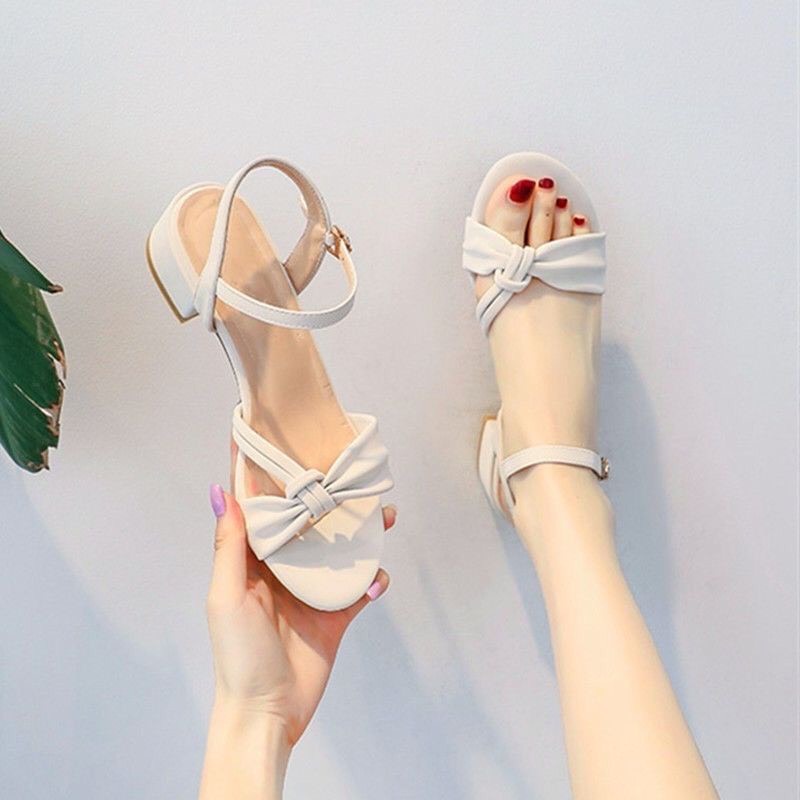 Giày Sandal nữ gót bo tròn 4 phân thắt quai chất da siêu mềm phong cách Hàn Quốc