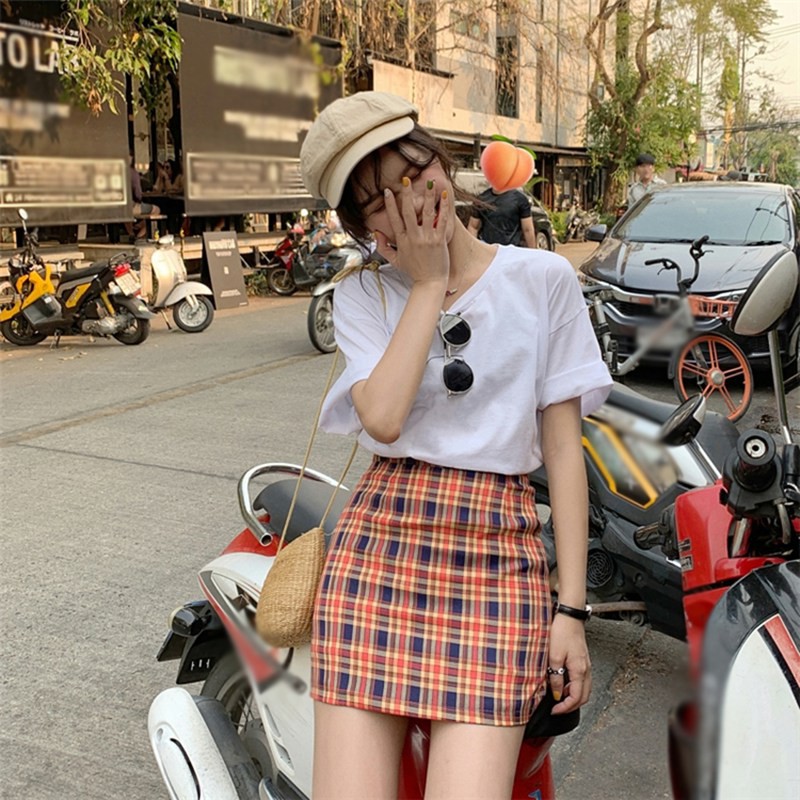 Women Fashion Stitching Color Lattice High Waist Skirt Slim A Line Skirt | BigBuy360 - bigbuy360.vn
