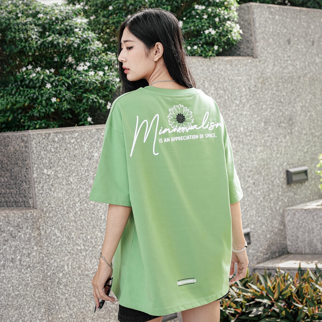 Áo Thun Minimalism Màu Xanh Lá In Hình Chất Liệu 100% Cotton Thoáng Mát Form Rộng Thoải Mái