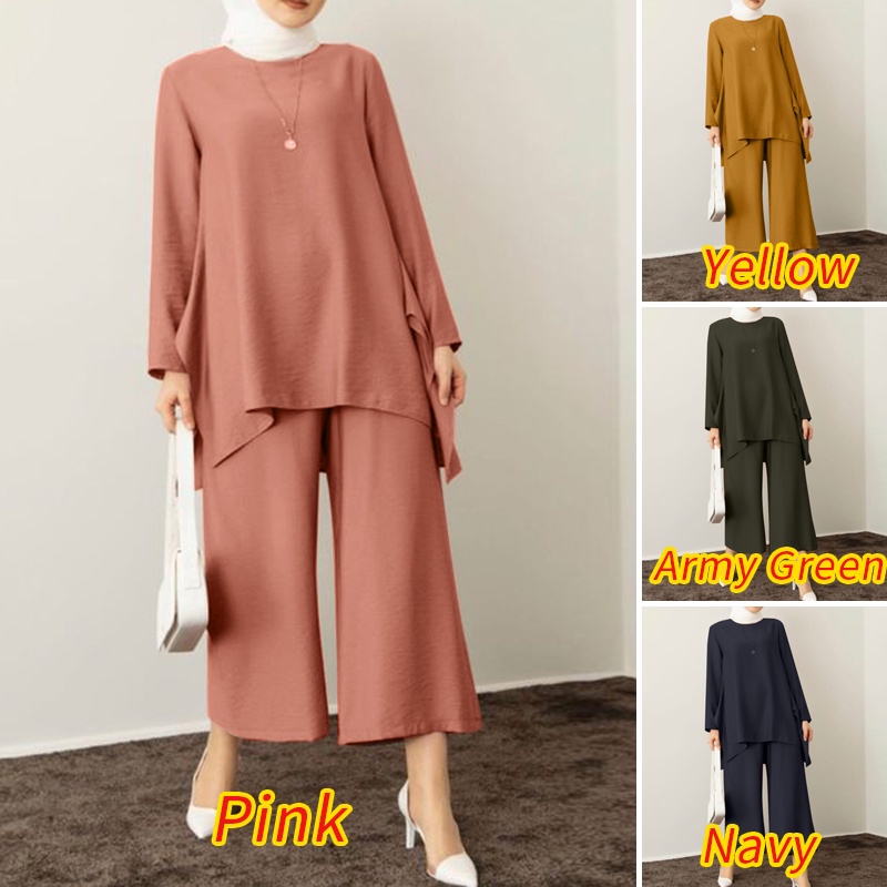 Zanzea Set Áo Tay Lỡ Cổ Tròn Và Quần Dài Ống Rộng Phong Cách Hồi Giáo Dành Cho Nữ